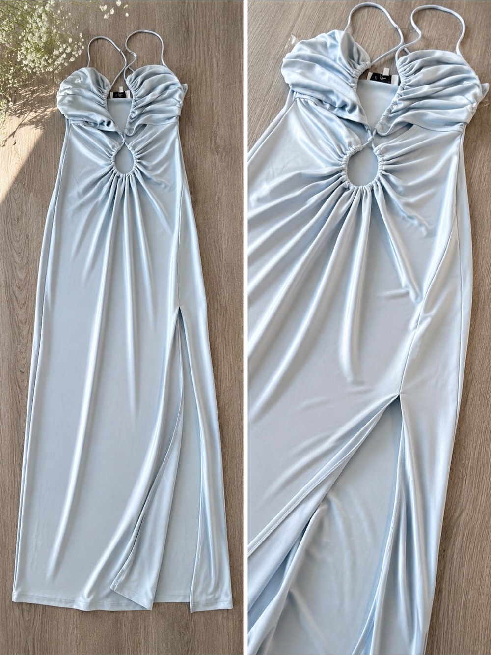 L'Academie Pale Blue Ruched Keyhole Maxi Dress with Side Slit